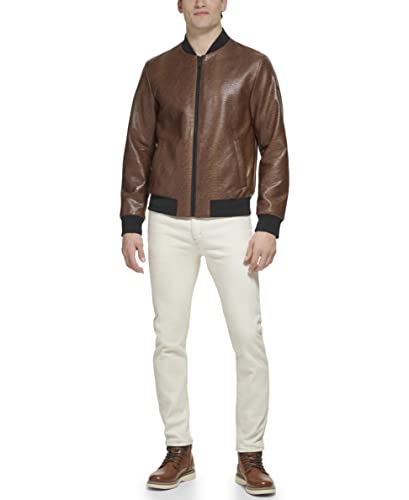 DKNY Men's Faux Leather Varsity Bomber Jacket, Varisty Brown Snake Embossed