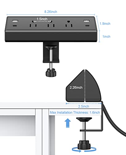 Desk Clamp Power Strip,Desktop Mount Surge Protector,40W Fast Charging Station,2 PD 20W USB C Ports,3 Outlets,6FT Flat Plug for Home,Office,Fit 1.6" Tabletop Edge