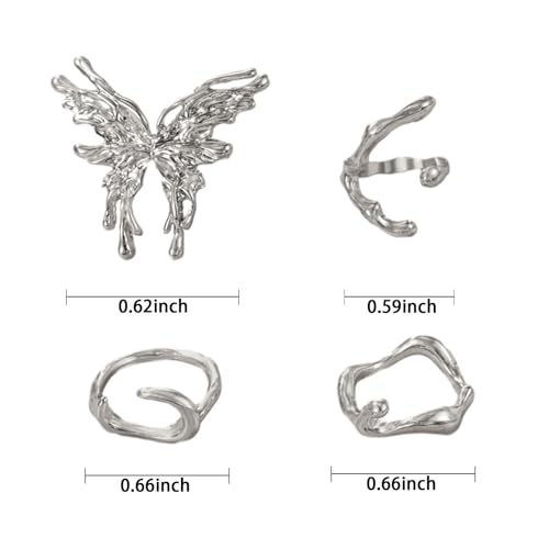 Kasmena 4Pcs Silver Butterfly Knuckle Rings for Women,Stackable Rings Silver Butterfly Ring Set Adjustable Silver Rings Personality Ring Fine Jewelry for Women Accessories Gift