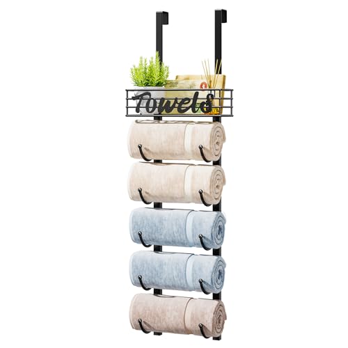 HapiRm 6-Tier Over The Door Towel Racks for Bathroom - Wall Mounted Towel Holder with Metal Shelf - Rolled Towel Organizer Door Hanging Towel Storage - Black