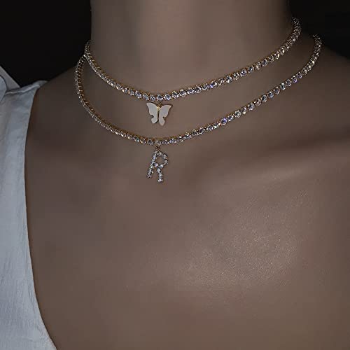 Rose Gold Initial Necklaces for Women, 14K Rose Gold Plated Tennis Chain Necklace Cubic Zirconia Initial Tennis Necklace, Bling CZ Letter Tennis Necklace for Women Initial R Necklace