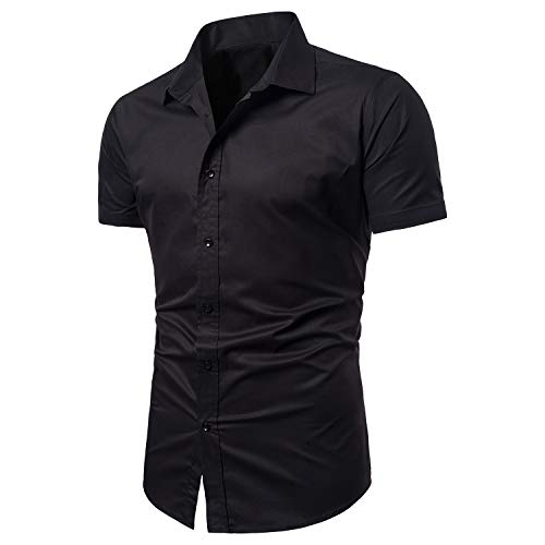 LOCALMODE Men's Regular Fit Cotton Business Casual Shirt Solid Short Sleeve Button Down Dress Shirts (Medium, Black Plaid)