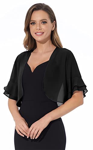 Women Shrug Soft Chiffon Open Front Sheer 3/4 Sleeve Bolero Cardigan for Evening Dress(Black,S)