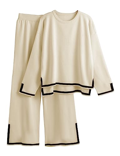 Tanming Women's 2 Piece Outfits Long Sleeve Knit Sweater Top Wide Leg Pants Lounge Sets Tracksuits (Apricot, X-Small)