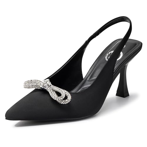 Trary Black Heels for Women, Women's Pumps, Black Dress Shoes for Women, Shining Crystal Bow Shoes for Women Dressy Low Heel, Kitten Heels for Women, Closed Toe Heels Women, Slingback Pumps,High Heels