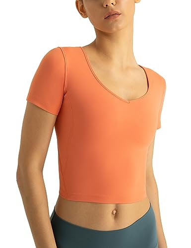 Colorfulkoala Women's Dreamlux V Neck Short Sleeve Yoga Shirts U-Back Workout Tops(XS, Carrot)