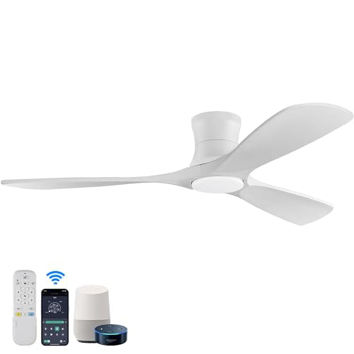 Hoenofly 52” Smart Wood Low Profile Ceiling Fan with Lights Remote,Quiet DC Motor,Outdoor Indoor Flush Mount Ceiling Fans Controlled by WIFI Alexa App,Modern Black for Bedroom Living Room Patio Porch