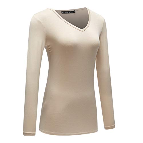 OThread & Co. Women's Long Sleeve T-Shirt V-Neck Basic Layer Stretchy Shirts (Medium, Pink)