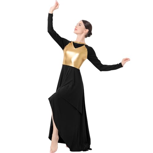 IBAKOM Women Gold Metallic High Low Praise Dance Dress Long Church Liturgical Worship Costume Tunic Lyrical Dance Outfits Ballerina Ballroom Dance Costume Christen Prayer Dance Dress Black High-Low S