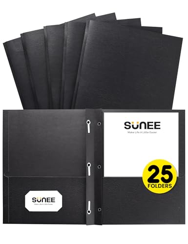 SUNEE 2 Pocket Folders with Prongs (25 Pack, Black), Paper Folders with 2 Pockets and 3 Prongs Fit Letter Size Paper, Folders with Prongs for School Office Home Business