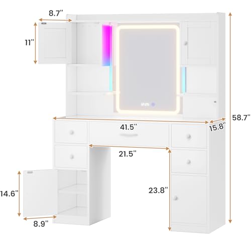Tiptiper Large Vanity Desk with Mirror and Lights, Makeup Vanity with Lights and Charging Station, Vanity Table with Smart Mirror with Time Display, Makeup Table with 5 Drawers, White