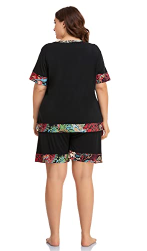 ZERDOCEAN Women's Plus Size Soft Sleepwear Pajamas Set Short Sleeve Tops with Shorts Nightwear Pj Lounge Sets Black+paisleyrim 1X