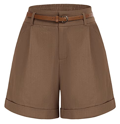 Womens Summer Linen Shorts Khaki Bermuda Shorts with Belts Paper Bag Shorts (Khaki, S)