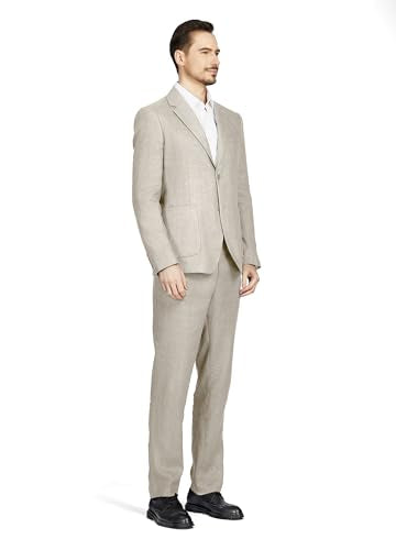 1PA1 Men's 2 Piece 100% Linen Slim Fit Suit Two Buttons Suit Jacket Blazer & Suit Pants Set Solid Business Suits (31008 Navy L)