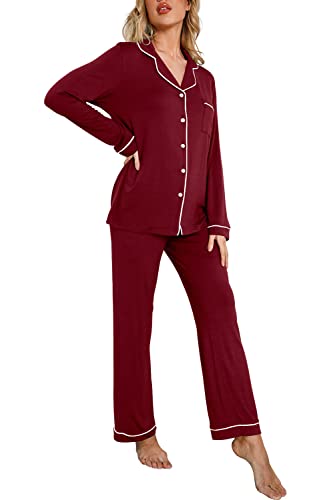 PrinStory Women's Pajamas Set Long Sleeve Sleepwear Casual Loungewear Soft Button Down Pjs Set with Pockets Wine Red-Small
