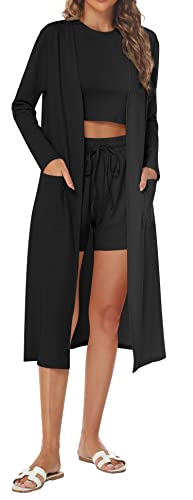 Lingswallow 3 Piece Lounge Sets for Women - Crop Top and Shorts and Cardigan Set Ribbed Lounge Set Loungewear Set Pajama Set