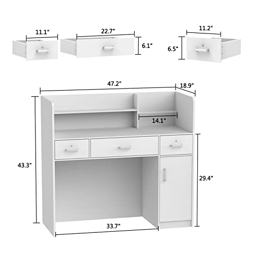 AIEGLE Reception Desk with Drawers & Storage Shelves, Table with Private Panels, for Salon Reception Room Checkout Office, Black (47.3" L x 18.3" W x 43.3" H)