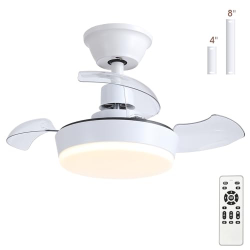 MADSHNE 24" Small Retractable Blades Ceiling Fans with Remote Control,Modern White Fandelier Ceiling Fans with Dimmable LED Lighting for Dining Room,Kitchen,Reversible