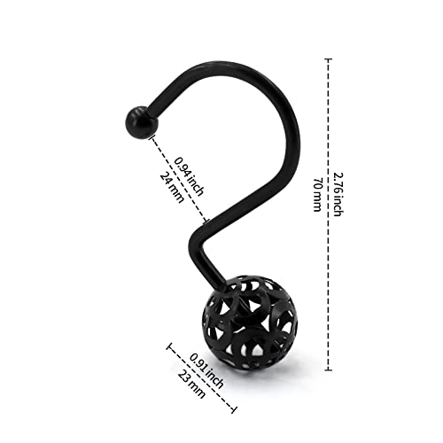 MitoVilla Black Shower Curtain Hooks Rings, Metal Shower Hooks for Shower Curtain & Liner, Hollow Ball Rust Proof Shower Rings for Curtain Accessories and Bathroom Shower Rod