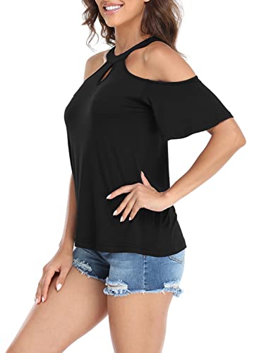 Womens Summer Black Cold Shoulder Tops Sexy Casual Short Sleeve 2024 Trendy Ladies Cute Cut Out Keyhole Halter Going Out T Shirts Blouse S