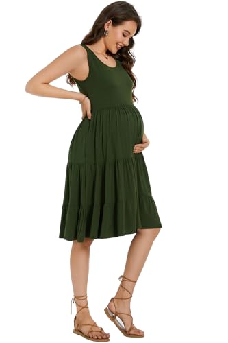 Smallshow Women's Maternity Dress Sleeveless Ruffle Tank Pregnancy Clothes,Army Green,M