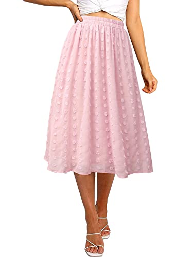 Ezcosplay Women's Boho Swiss Dot High Elastic Waist Pleated A-Line Midi Skirt (Pink, Small)