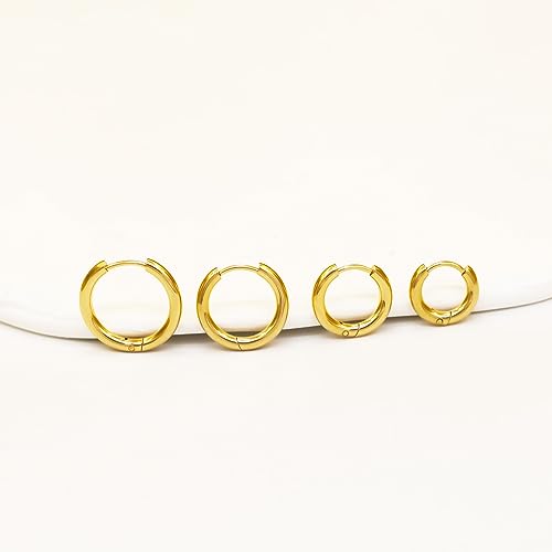 TOLOWOBK Small Gold Hoop Earrings Set for Women 14K Gold Plated Huggie Hoop Earrings 4 Pairs Mens Hypoallergenic Earrings 8mm to 14mm Lightweight Cartilage Multiple Body Piercing Jewelry Gifts