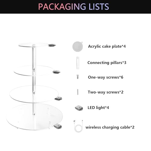 YLSMILE 4 Tier Round Cupcake Stand with LED, Acrylic Tower Display, Premium Holder Dessert Tree Tower for Wedding Birthday Baby Shower Tea Party (1pcs)