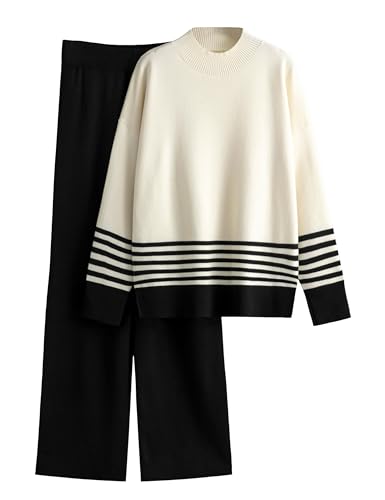 Tanming Women's Lounge Sets 2 Piece Outfits Knitted Pullover Sweater Tops Wide Leg Pants Tracksuit (Black-S)