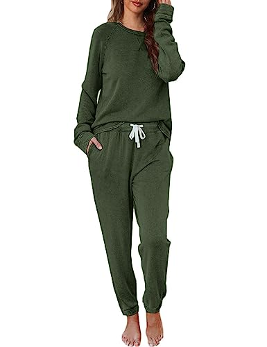 Cysincos Womens Sweatsuits 2 Piece Outfit Sweatpants Loungewear Jogger Pajama Set Long Sleeve Pullover Drawstring Pants Dark Green M