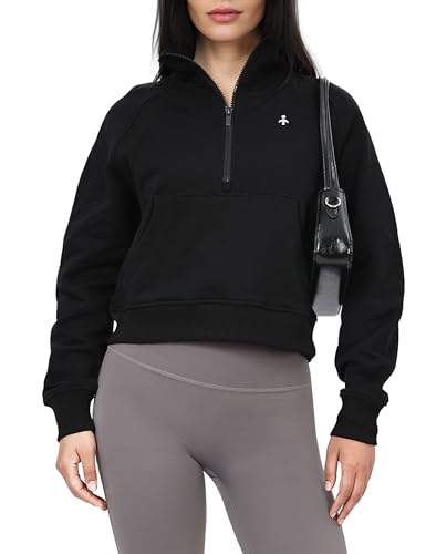 Orolay Women's Half Zip Sweatshirt - Long Sleeve Cropped Pullover Tops 2024 Trendy Clothes with Pocket Black X-Small