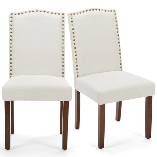 DUMOS Set of 2 Modern Upholstered Fabric Dining Nailhead Trim and Wood Legs, Mid-Century Accent Dinner Chair for Living Room, Kitchen, Beige, 2 Pack