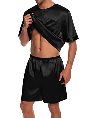 SWOMOG Men Satin Pajamas Set Short Sleeve Silk Sleepwear Button Down 2 Piece Loungewear with Pockets Black Small