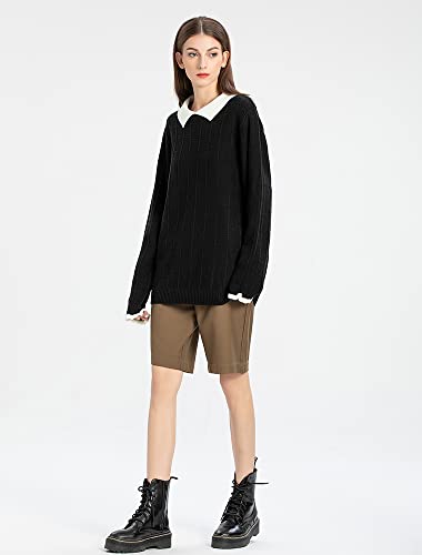 Minibee Women's Pan Collar Knitted Sweater Casual Pullover Sweatshirt Style1 Black M