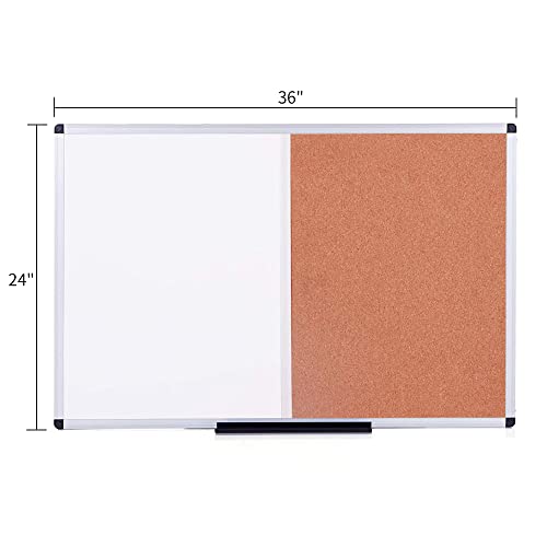 VIZ-PRO Magnetic Dry Erase Board and Cork Notice Board Combination, 36 X 24 Inches, Silver Aluminium Frame