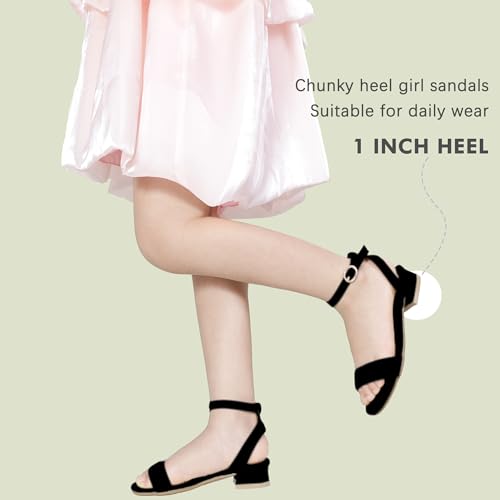 PANDANINJIA Girls Sandals Low Heels Dress Shoes Open Toe Flower Girl Wedding Party for Little Big Kid Dress Sandals(Black Suede 2 M US Little Kid)
