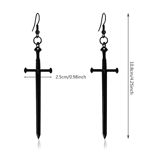 KVANU Unique Handmade Punk Gothic Long Dagger Sword Earrings Personalized Vintage Silver Knife Dangle Drop Earrings for Women Trendy Men Statement (Black)