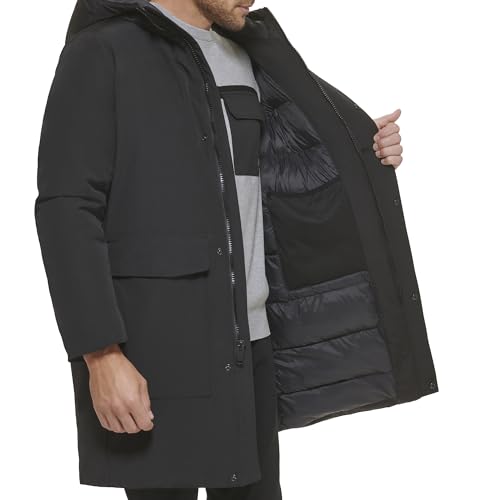 DKNY Men's Water Resistant Hooded Logo Parka Jacket, Heavyweight Black