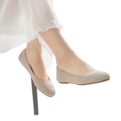 YORINDALE Women's Ballet Flats Soft Knit Lightweight Round Toe Slip On Comfort Ballerina Flat Shoes for Walking Low Wedge Soft Beige