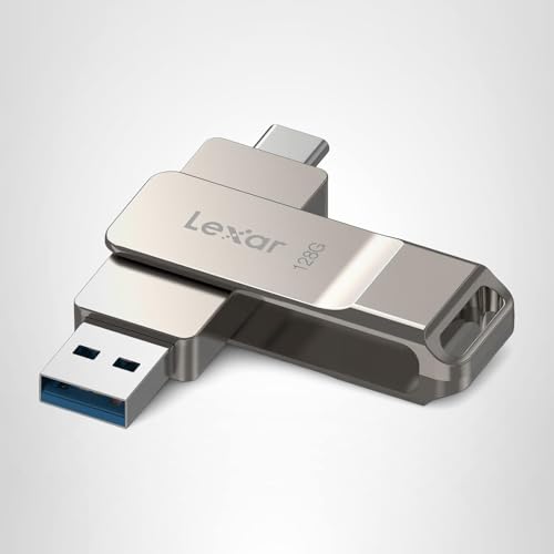Lexar D40E 128GB Dual USB 3.2 Gen 1 Type-C Jump Drive, USB-C Flash Metal Housing Swivel Design Thumb Drive (Champagne Silver)