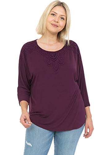 LEEBE Women’s Plus Size Round Neck Crochet 3/4 Sleeve Top (1X-5X) (2X, Teal)