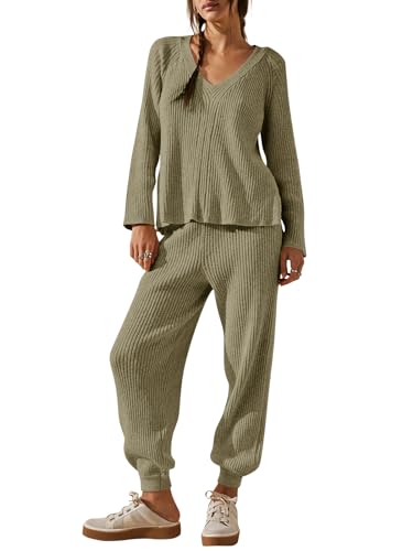 Tankaneo Womens V Neck Knit Sets Oversized Sweaters and Wide Leg Pants Fall Trendy Loungewear 2 Piece Outfits