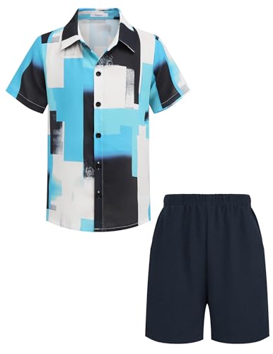 Arshiner Hawaiian Shirt Set for Kids Boys Button Down Shirt and Shorts Clothing Sets Dark Blue - Leaf Print 7-8 Years