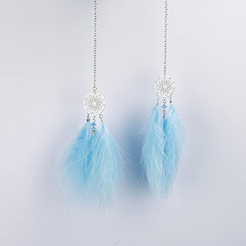 Feather Dream Catcher Crystal Charm Bling Car Deco Rear View Mirror Car Pendant Hanging Car Styling Accessories (Blue)