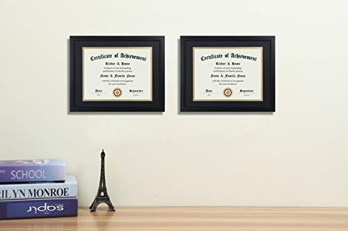 ELSKER&HOME 8.5x11 Certificate Frame - Classic Black Color Frame - Displays Diploma 8.5x11 Inch with Mat - 11x14 Inch Without Mat - For Document/Photo(2 Pack, Matte Black with Gold Rim)