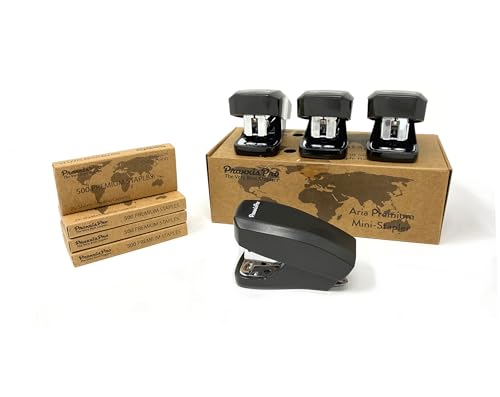 Aria Premium Mini Stapler Set by PraxxisPro - with Built-in Staple Removers, 2000 Standard Staples Included - for Office, School, and Travel (All Black)