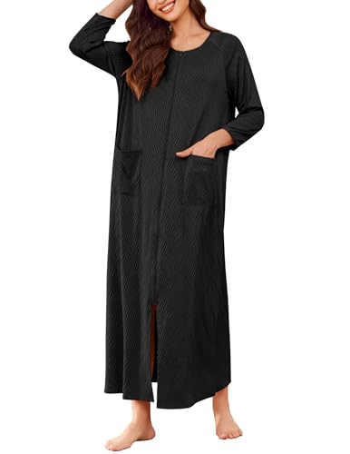 Ekouaer Zipper Robes for Women Ribbed Knit Bathrobe Lightweight Full Length Loungewear with Pockets Black,M