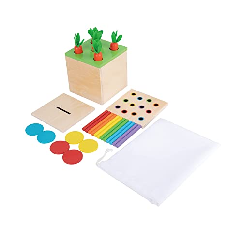 Adena Montessori 3 in 1 Wooden Montessori Play Kit Baby Toys,Includes Matchstick Color Drop Game,Carrot Harvest Game and Coin Box,Learning Toy for Kid 1,2,3 Year Old,Girl Boy Gift for Baby 6-12 Month