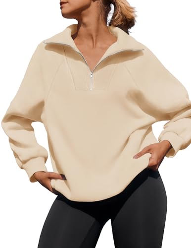ZESICA Women's Half Zip Oversized Sweatshirts 2024 Long Sleeve Quarter Zipper Fleece Y2K Pullover Hoodies Tops,Apricot,Small