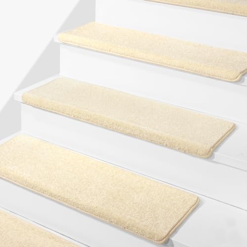 Spurtar Rounded Bullnose Carpet Stair Treads for Wooden Steps Indoor, Set of 14, 30" x 9.25" x 1.57" Carpet Runner for Carpeted Stairs Non Slip Staircase Step Treads Stair Mats Carpet Treads, Beige